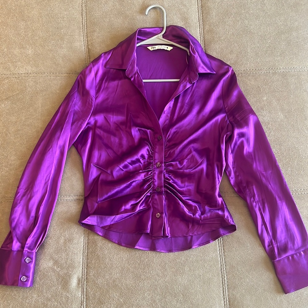 Zara Violet Satin Button-Front Blouse